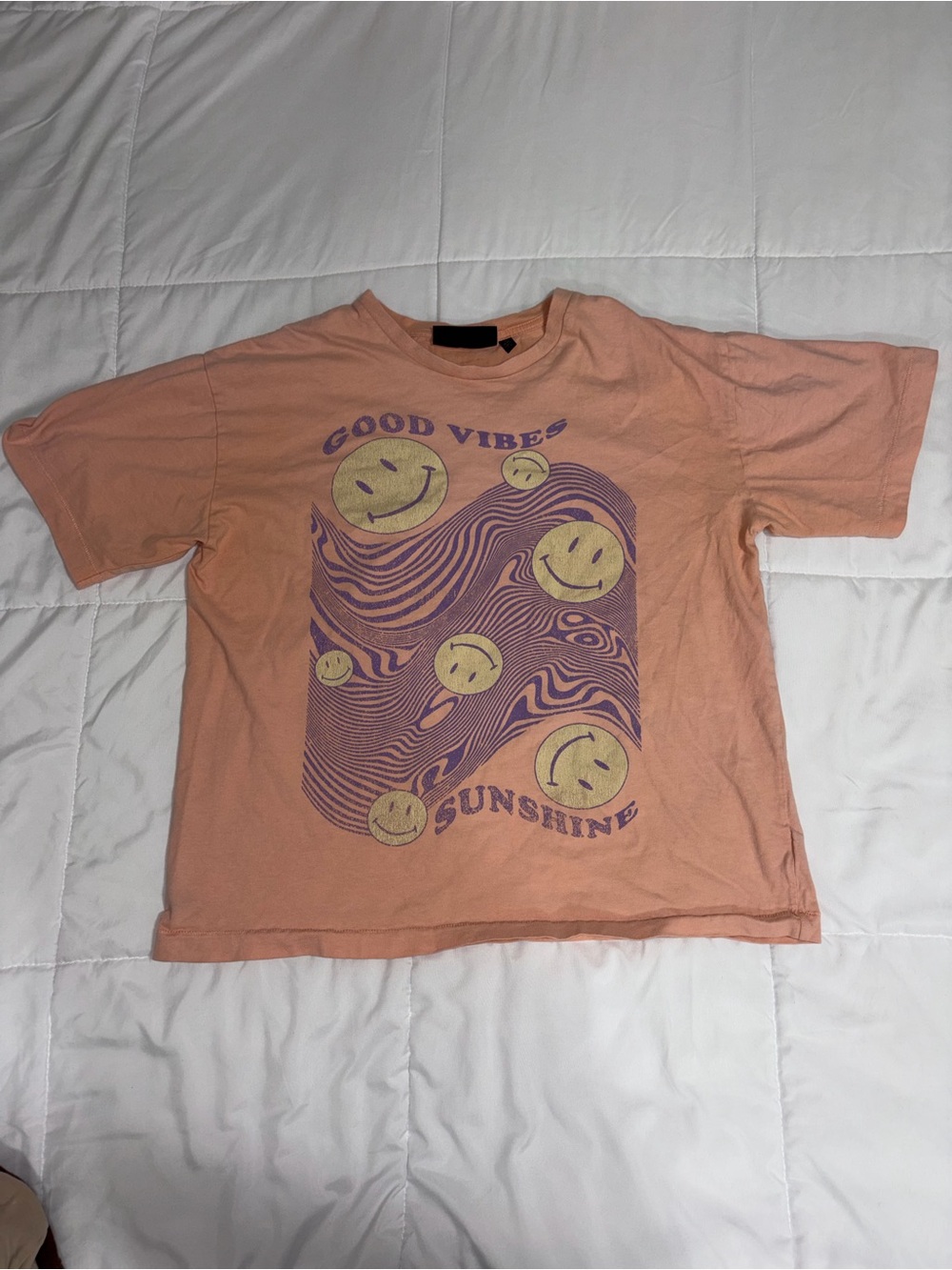 No Boundaries Peach Graphic Tee with Yellow & Purple Smiley Print